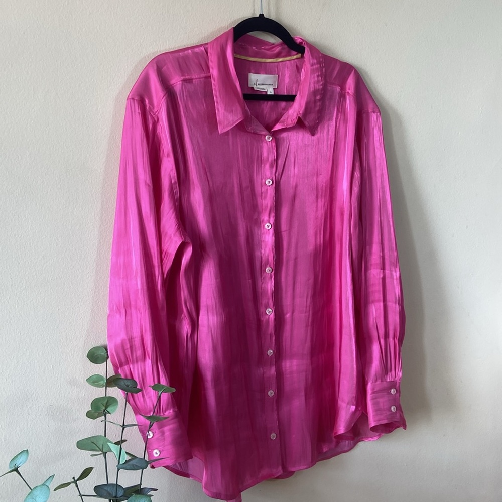 Anthropologie Hot Pink Iridescent Silky Women's Button Down XL Extra Large Satin - Picture 3 of 10